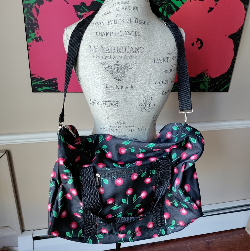 Cherry Print Black Gym Bag/Duffle Bag